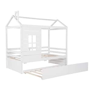 White Twin Size Wooden House Bed with Twin Size Trundle