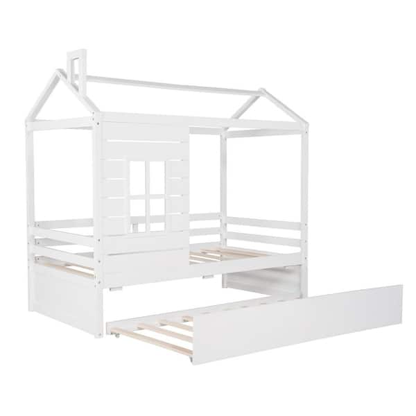 Qualler White Twin Size Wooden House Bed with Twin Size Trundle