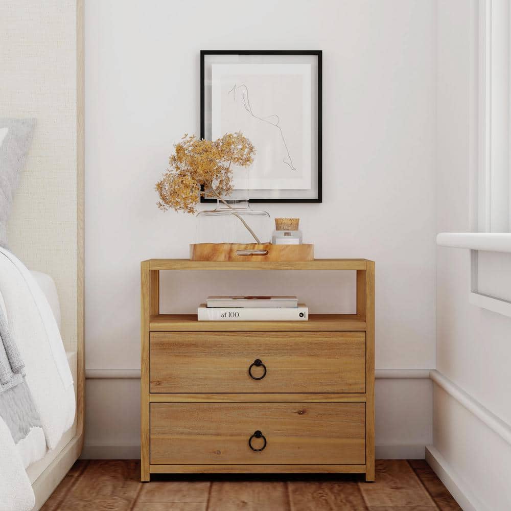 Natural Acacia 2-Drawer Nightstand with Open Shelf