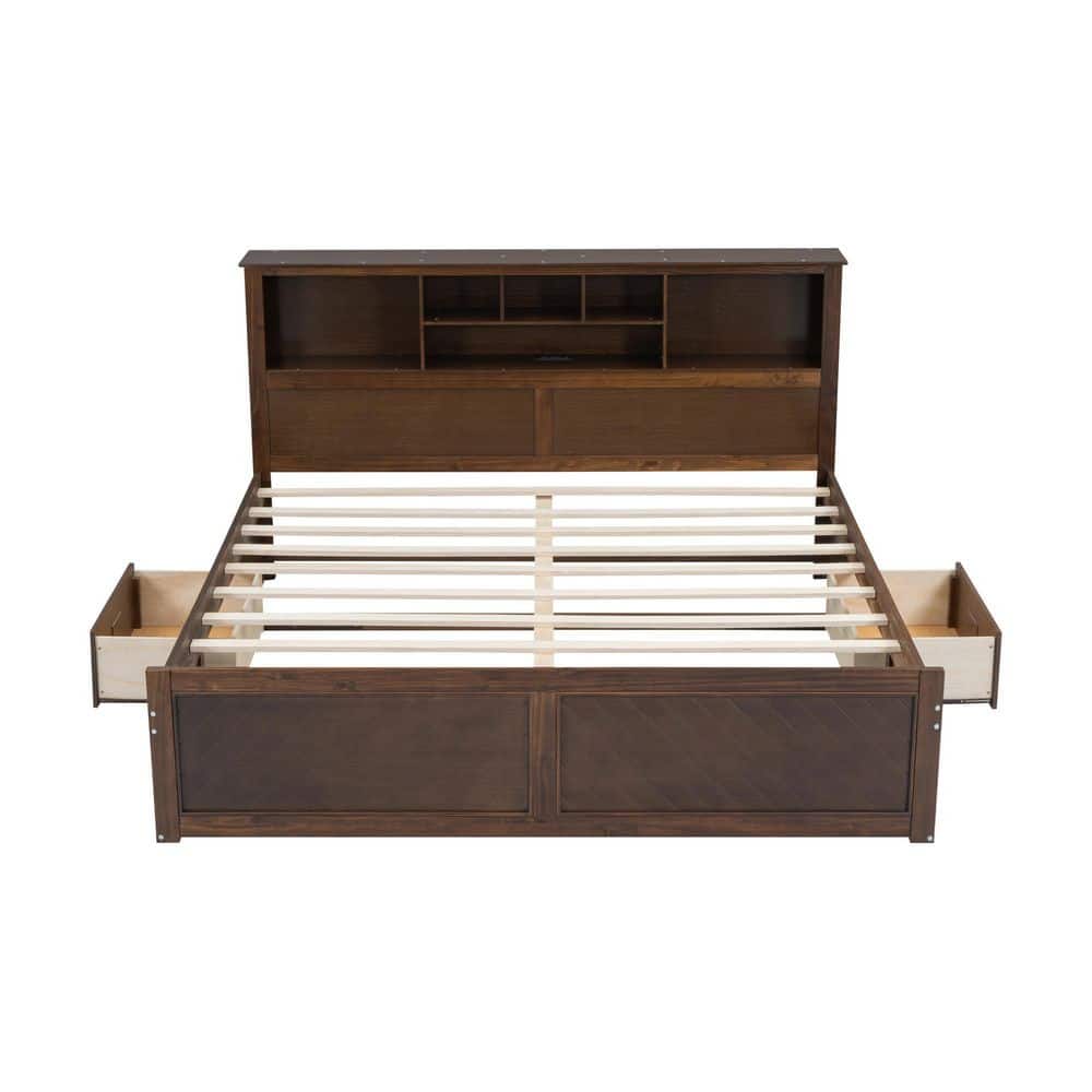 Eric Brown Wood Frame King Size Platform Bed with Storage Headboard, Charging Station, 2 Drawers, Shelves, Antique Wood - thumbnail 9