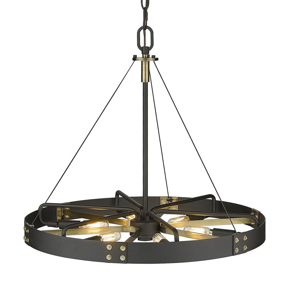 Aged Brass and Black 6-Light Wagon Wheel Pendant