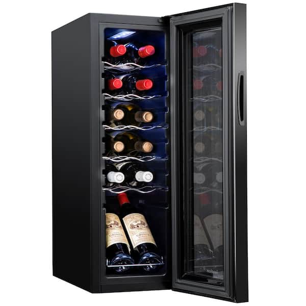 Single Zone 12-Bottle Freestanding Wine Cooler Refrigerator with Lock in Black