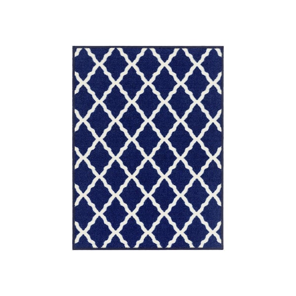 Ottomanson Glamour Collection Non-Slip Rubberback Moroccan Trellis Design 2x3 Indoor Entryway Mat, 2 ft. 3 in. x 3 ft., Navy