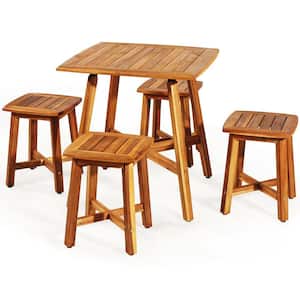 Reddish Brown 5-Piece Wood Square Table Patio Outdoor Dining Set With 4 Stools