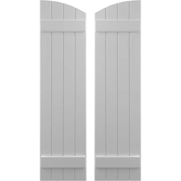Ekena Millwork 14 in. W x 44 in. H Americraft Exterior Real Wood Joined Board and Batten Shutters with Elliptical Top in Primed
