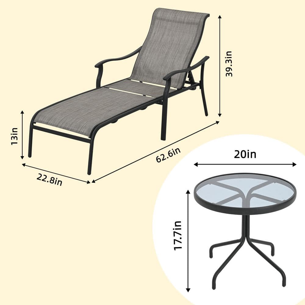Gray 3-Piece Adjustable Iron Chaise Lounge Set with Glass Table