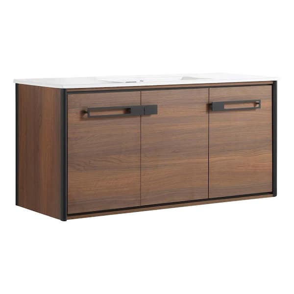 FINE FIXTURES Oakville 48 in. W x 18 in. D x 23.25 in. H Wall Mounted Bathroom Vanity in Brown with White Ceramic Sink Top