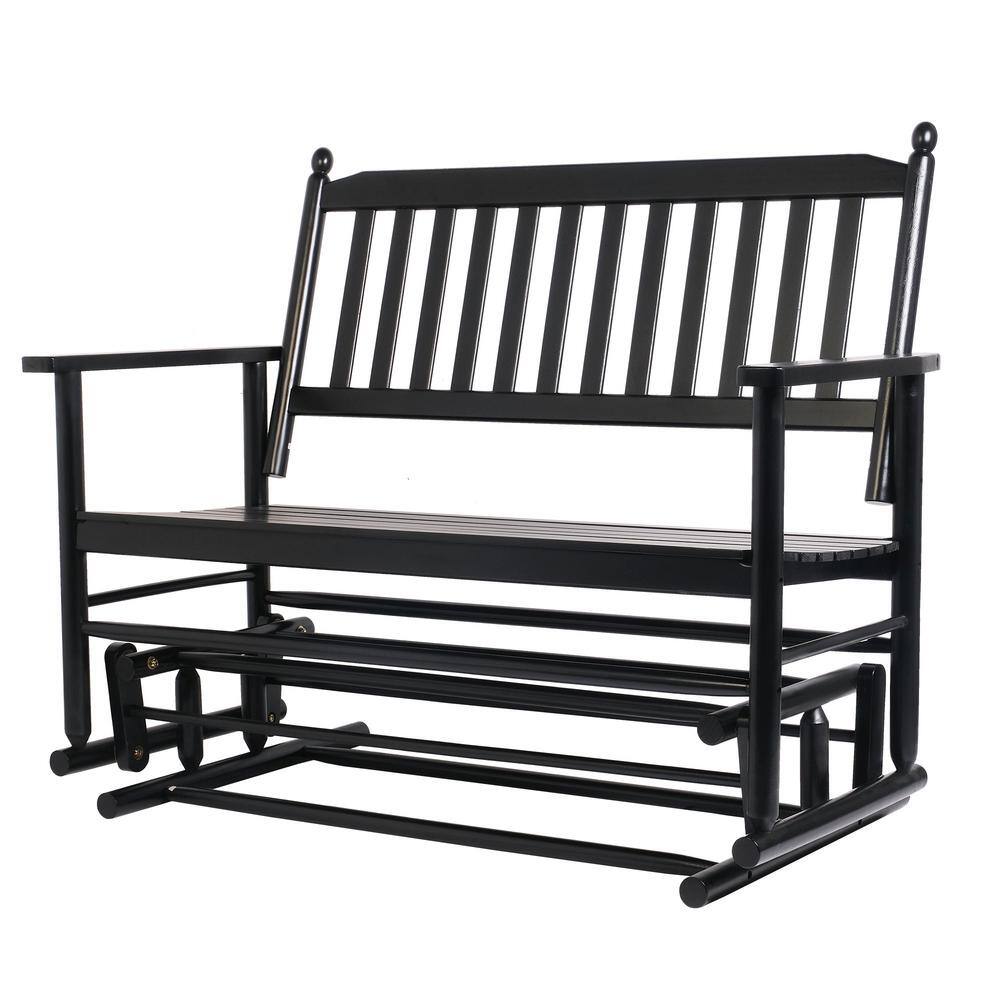 Black wood 2-person outdoor glider bench chair.