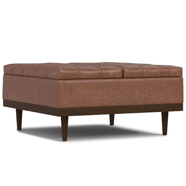 Simpli Home Mariah Distressed Saddle Brown Vegan Faux Leather Lift Top Table Storage Ottoman
