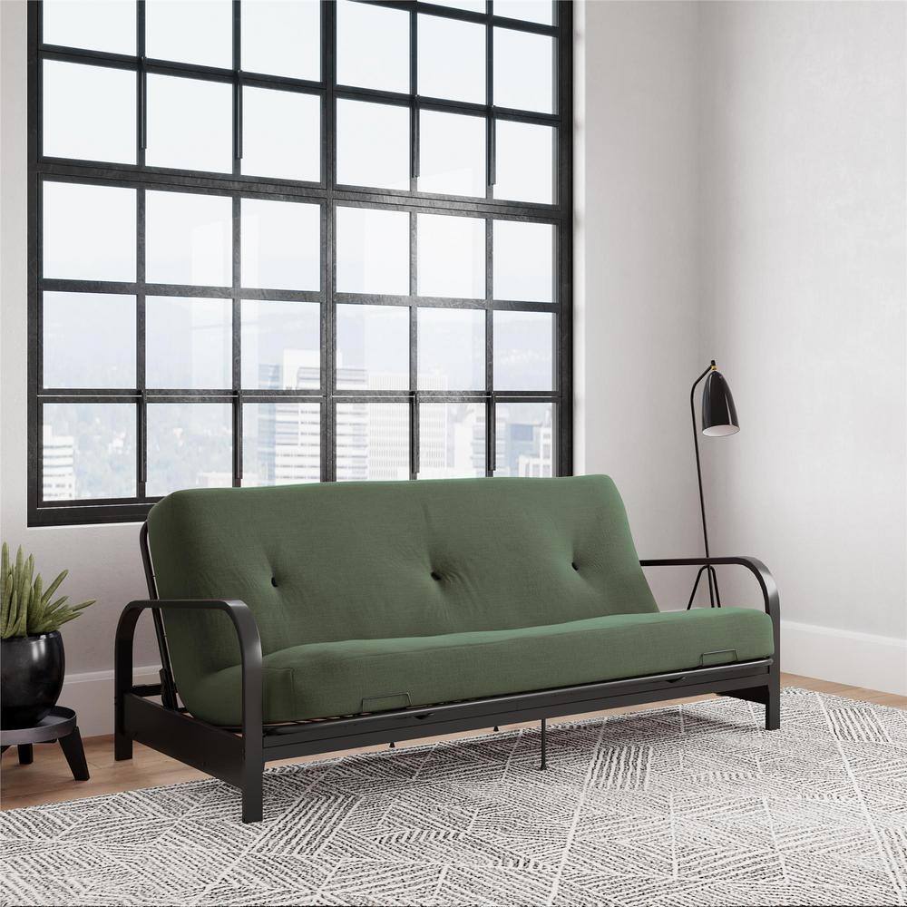Cleo Black Metal Arm 6 in. Green Full Futon with Thermobonded High Density 