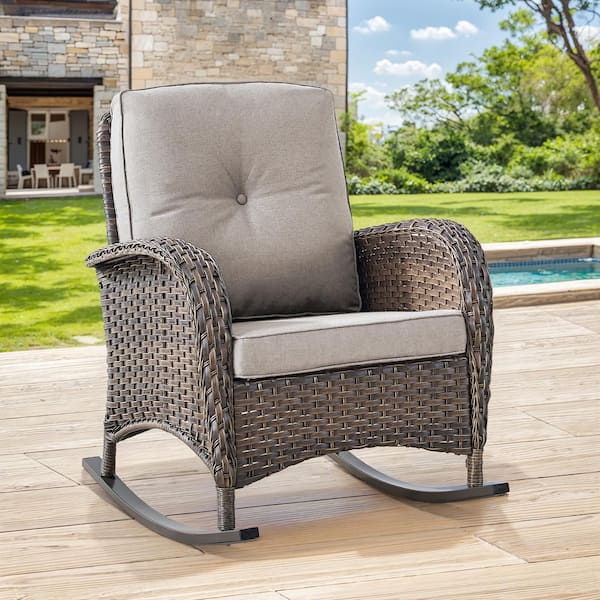 Brown Wicker Outdoor Rocking Chair with Beige Cushion (1-Pack)