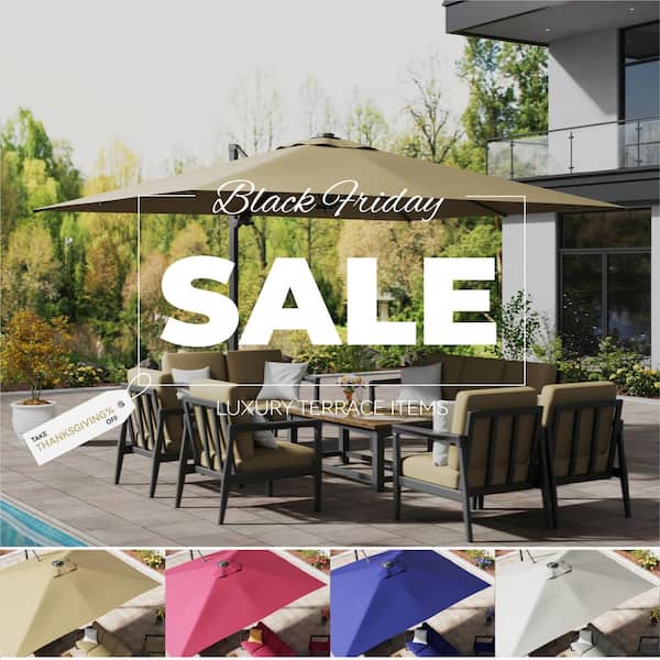 10 ft. x 13ft. Rectangle Bluetooth Ambient Light 360-Degree Rotation Cantilever Tilt Outdoor Patio Umbrella in Taupe