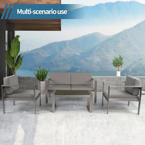 4 Piece Aluminum Outdoor Patio Garden Modern Sectional Sofa Seat Set Patio Conversation Set with Cushion Gray+Silver