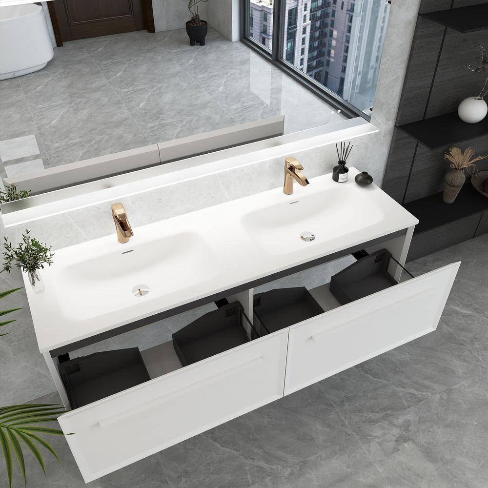 60 in. White Double Sink Wall-Mounted Bath Vanity with Solid Surface Top