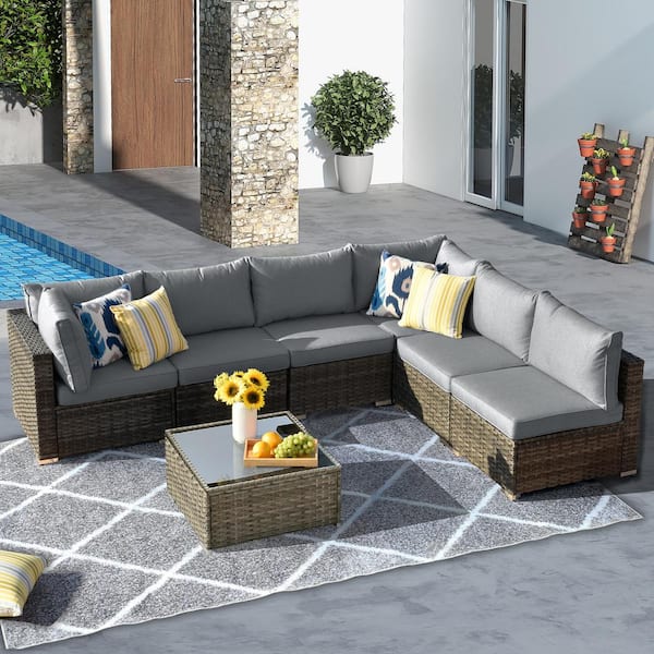 XIZZI Arctic 7-Piece Wicker Outdoor Sectional Set with Dark Gray Cushions
