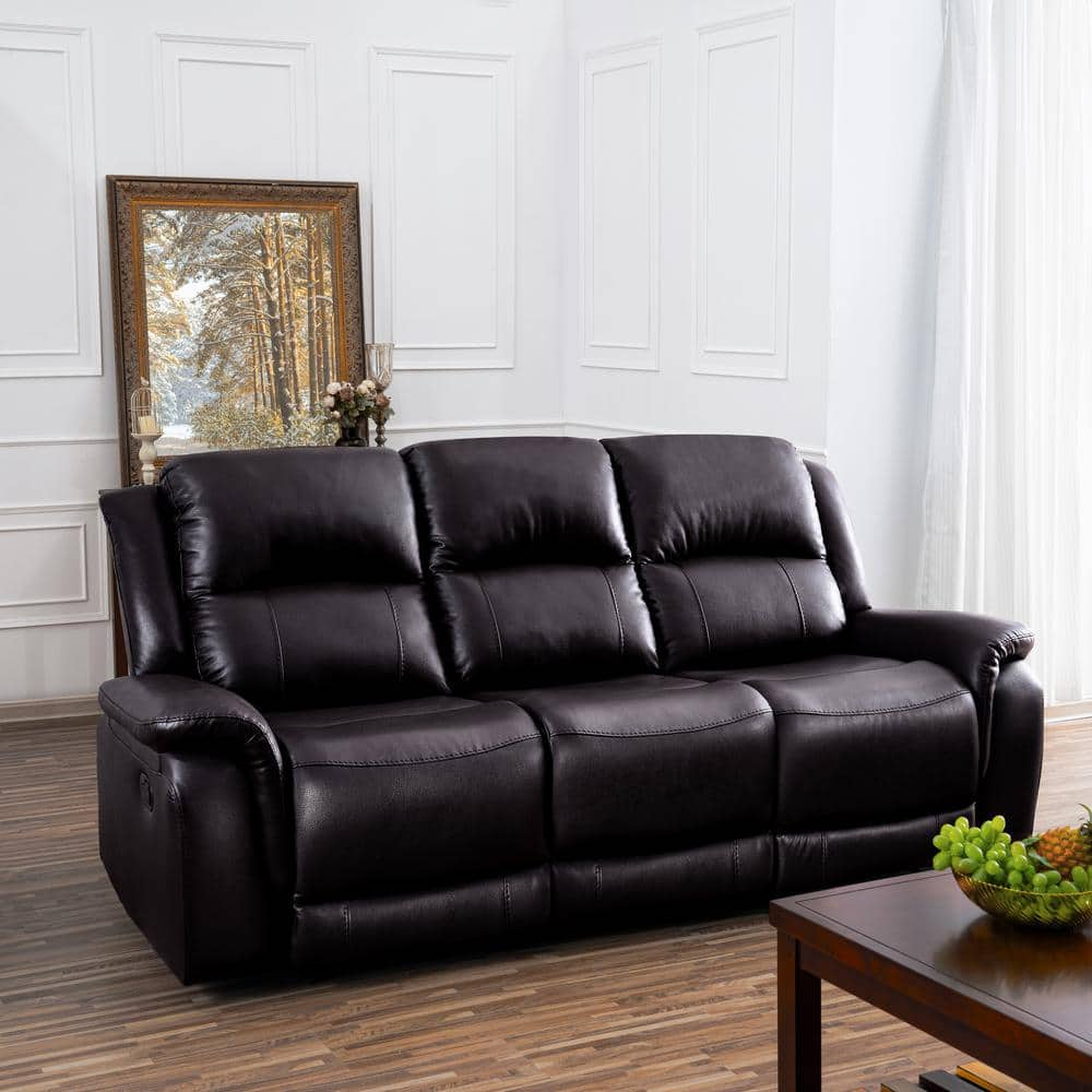 85.82 in. D Rolled Arm Faux Leather Rectangle Push Back Recliner Sofa in Espresso -  HOMESTOCK, 66940HD