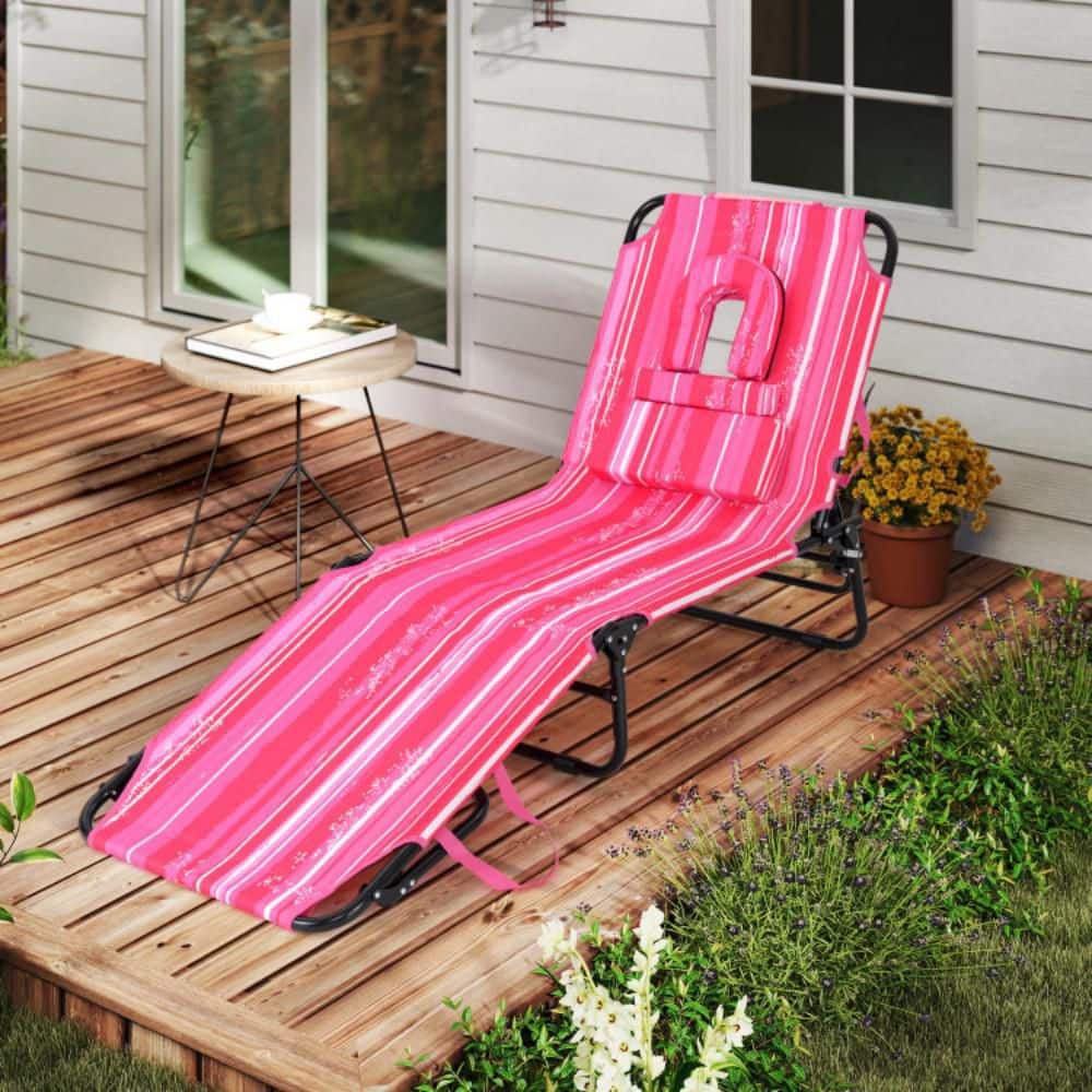 Clihome Metal Foldable Tanning Lounge Beach Chair in Hot Pink with