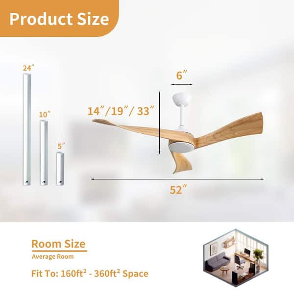 52 in. Indoor Downrod Mount White Solid Wood Blades Standard Ceiling Fan with Remote 6-Speed, DC Motor Reversible