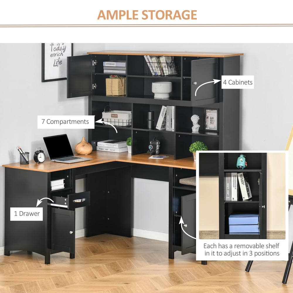 Black L-Shaped Wood Computer Desk with Hutch and Drawer