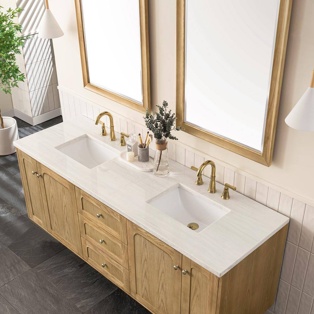 Laurent 72" Light Natural Oak Double Vanity Base with Brass Knobs