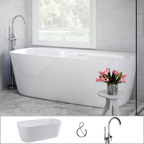 PELHAM & WHITE Bayberry 63 in. Acrylic Oval Freestanding Bathtub in White, Floor-Mount Single-Post Faucet in Polished Chrome