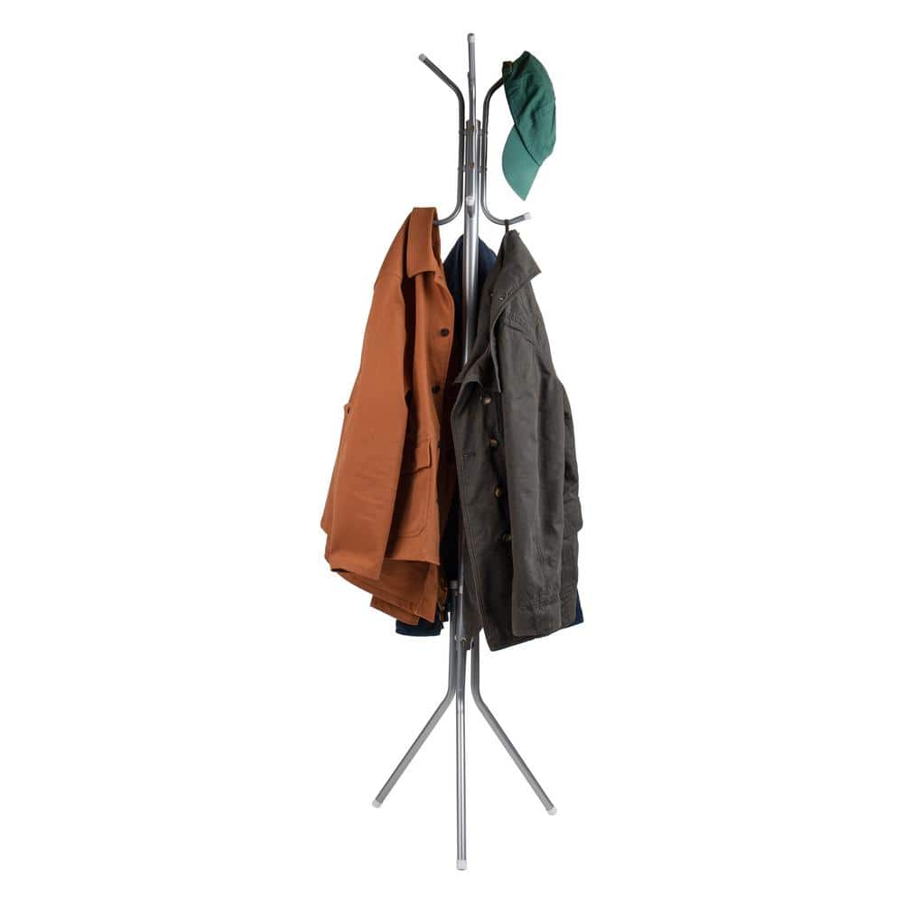 Silver Metal Floor-Standing Coat Rack with Umbrella Stand