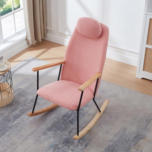 Modern Pink Faux Leather High Backrest Adjustable Headrest Pillow Rocking Chair Comfy Side Chair for Living Room