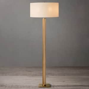 Tambo 62 in. Weathered Brass 1-Light Standard Floor Lamp for Living Room with Linen Drum Shade