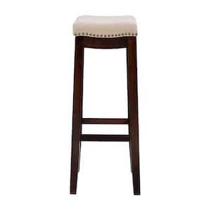 Concord Dark Walnut Finish Frame Barstool with Padded Beige Linen Seat