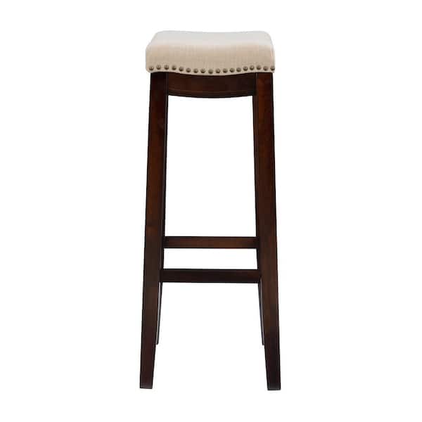 Concord 32.25 in. Dark Walnut Brown and Beige Backless Wood Bar Stool with Fabric Seat