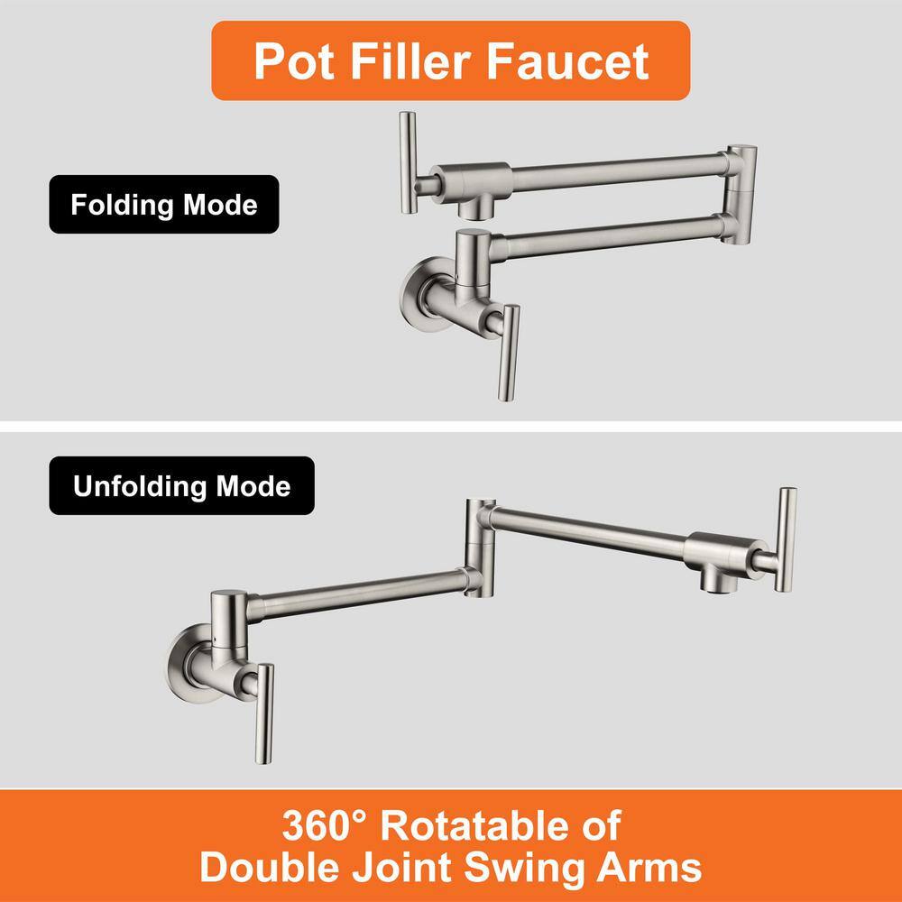 Brushed Nickel Wall-Mounted Double Handle Pot Filler Faucet