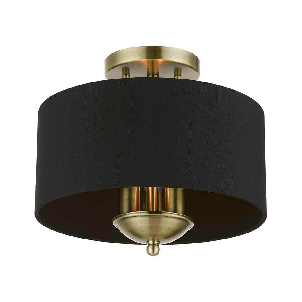 Antique Brass 3-Light Transitional Semi-Flush Mount with Black Fabric Shade