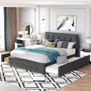 Dark Gray Wood Frame Queen Upholstered Platform Bed with 2-Drawers and 1-Twin XL Trundle