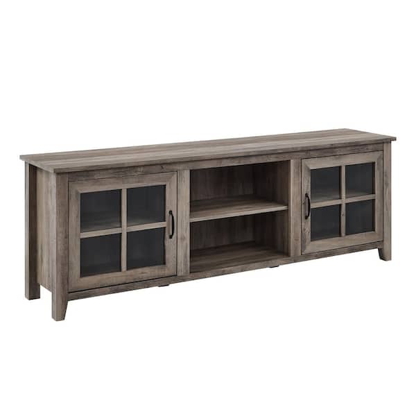 70 in. Modern Farmhouse Gray Wash Wood TV Stand with 2 Windowpane Glass Doors (Max TV Size 80 in.)