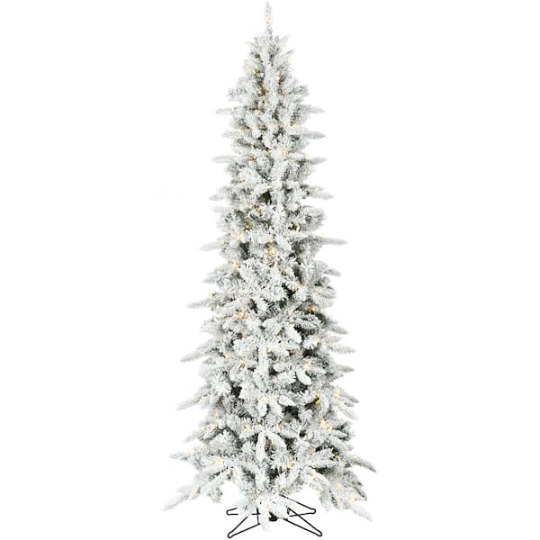 Christmas Time 6.5 ft. Prelit Slim White Pine Flocked Artificial Christmas Tree with LED String Lights