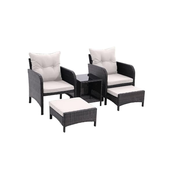 Zeus & Ruta 5 Piece Grey Metal Outdoor Patio Conversation Set with Armrest and Beige Removable Cushions, Storage Coffee Table
