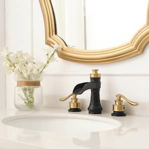 8 in. Waterfall Widespread 2-Handle Bathroom Faucet With Pop-up Drain Assembly in Spot Resist Gold Black