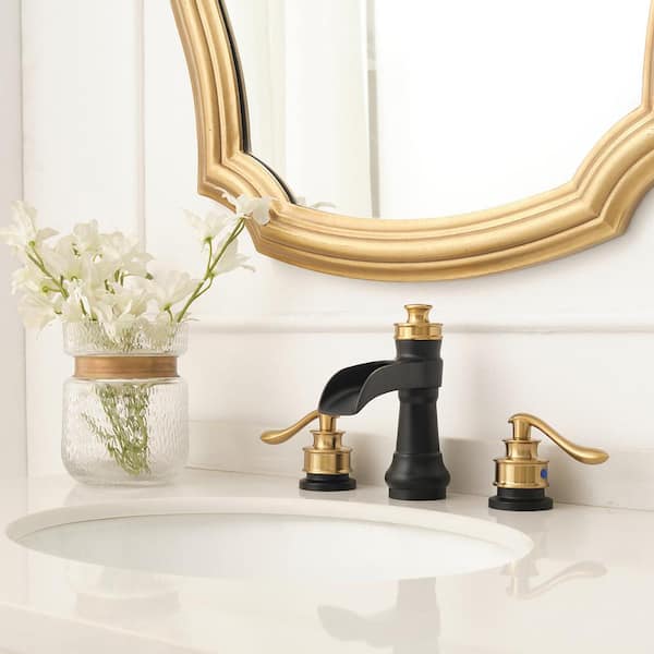 8 in. Waterfall Widespread 2-Handle Bathroom Faucet With Pop-up Drain Assembly in Spot Resist Gold Black