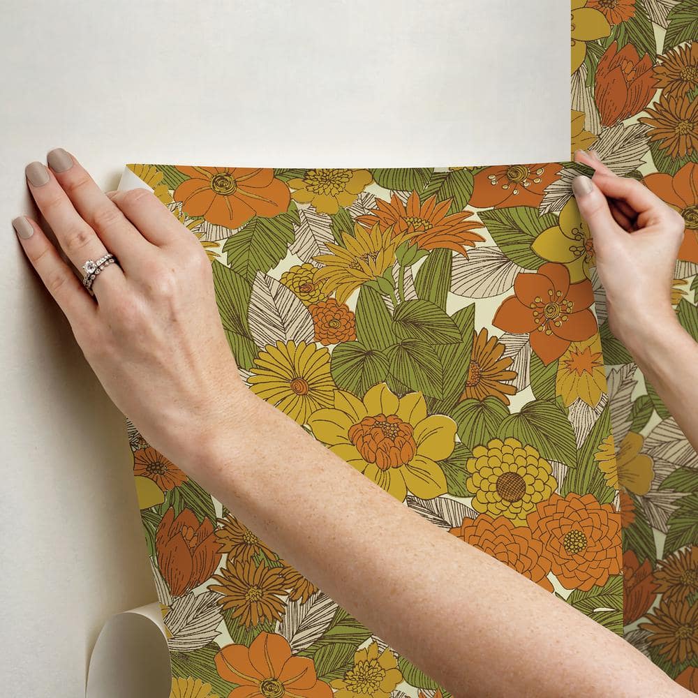 Retro Floral Yellow and Orange Peel and Stick Wallpaper Roll