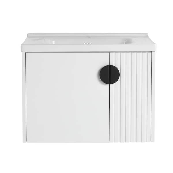 Cesicia 28 in. W x 18.5 in. D x 20.7 in. H Single Sink Freestanding Bath Vanity in White w/White Ceramic Top and Soft Close Door