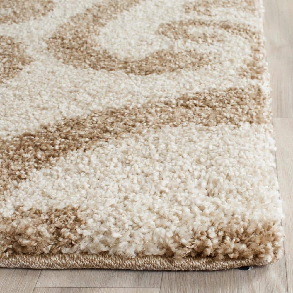 Cream and Beige Floral Shag 4' Square Area Rug