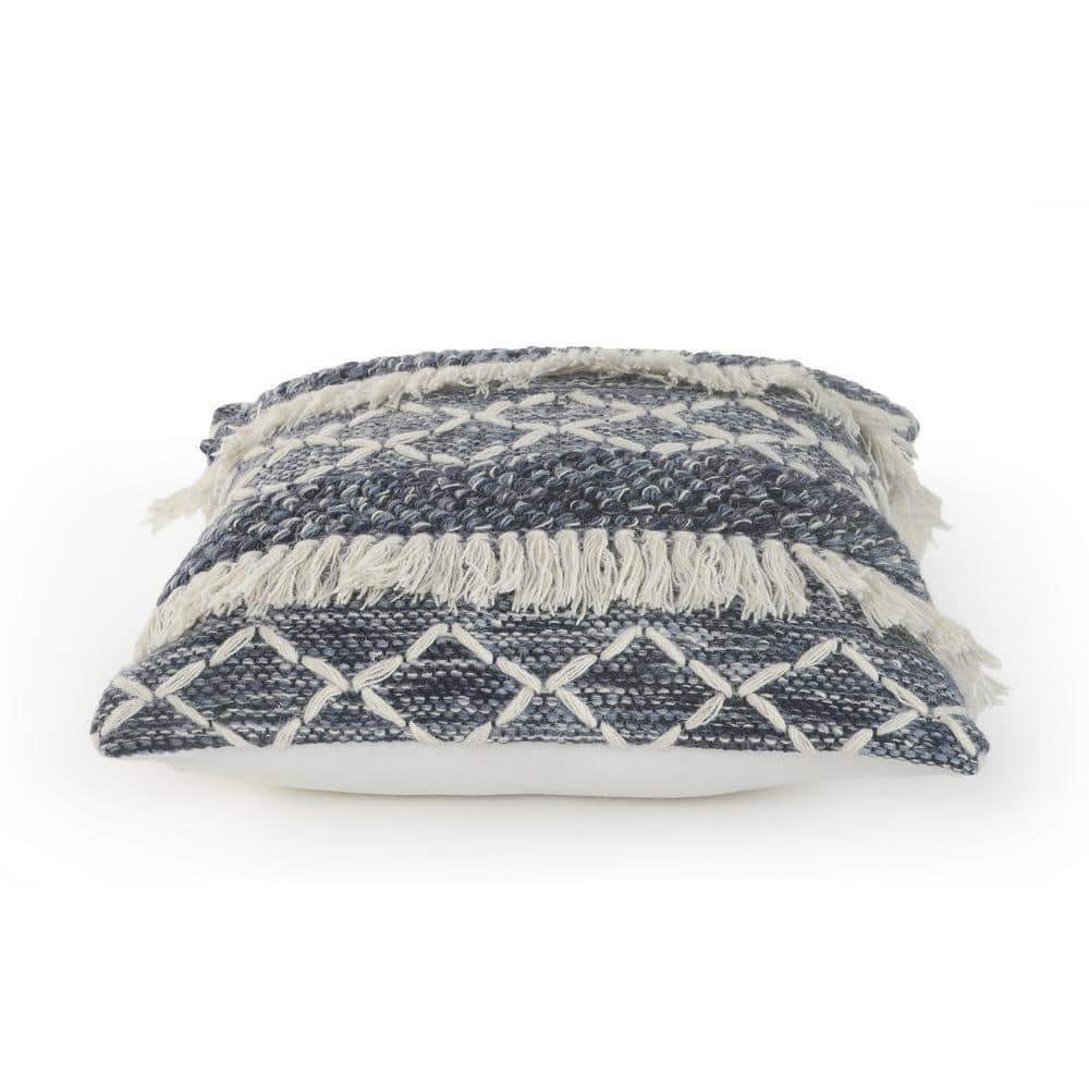 Navy and Ivory Embroidered Wool Square Throw Pillow