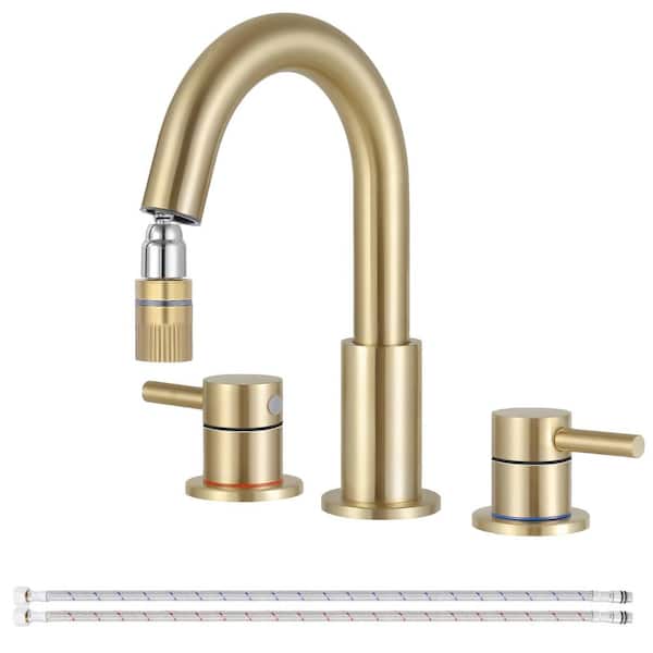 AKLFGN Double Handles 8 in. Widespread Bathroom Sink Faucet 3-Hole with Pull Out Sprayer in Brushed Gold
