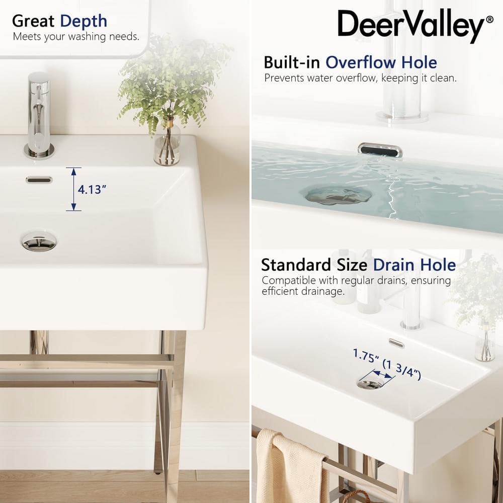 Silver Ceramic Wall-Mount Console Bathroom Sink with Stainless Steel Bracket