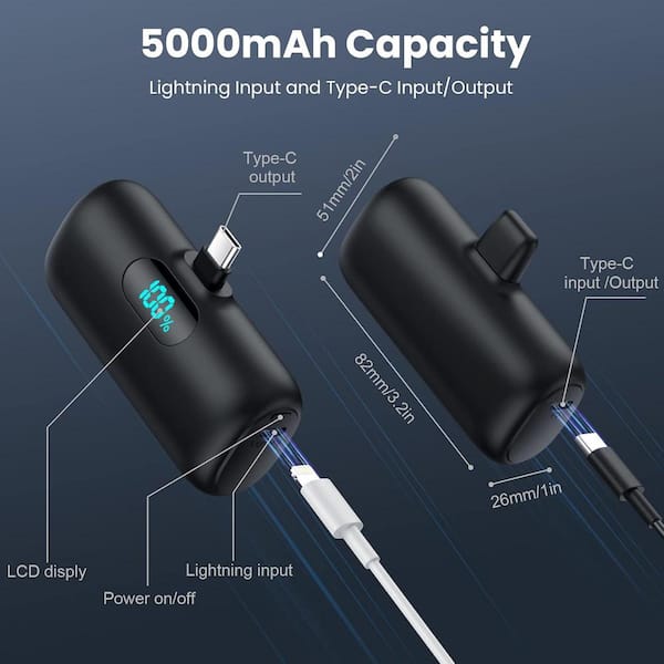 Yichuhaoxi Mini Portable Charger 5000mAh Power Bank, 3A PD USB C Cell Phone Portable Power, LCD Display Battery Pack