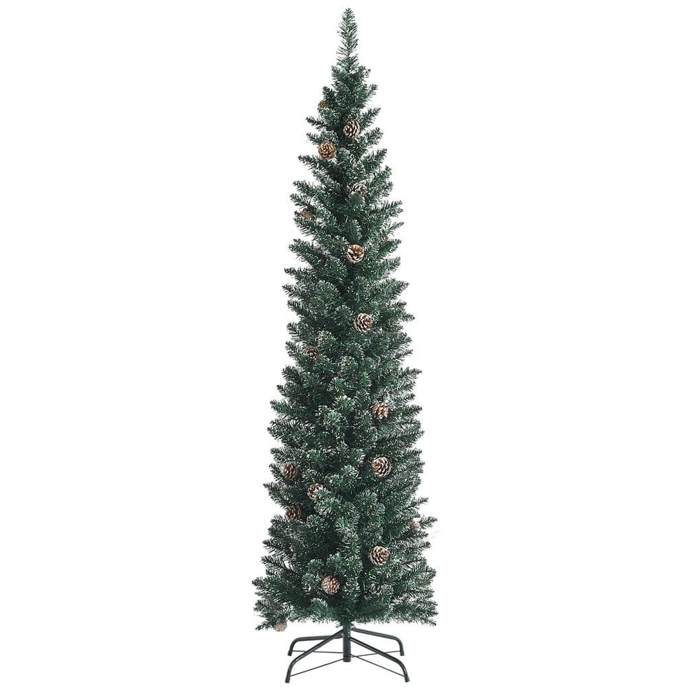 Costway 6 ft. Unlit Snowy PVC Slim Artificial Christmas Tree w/Pine Cones