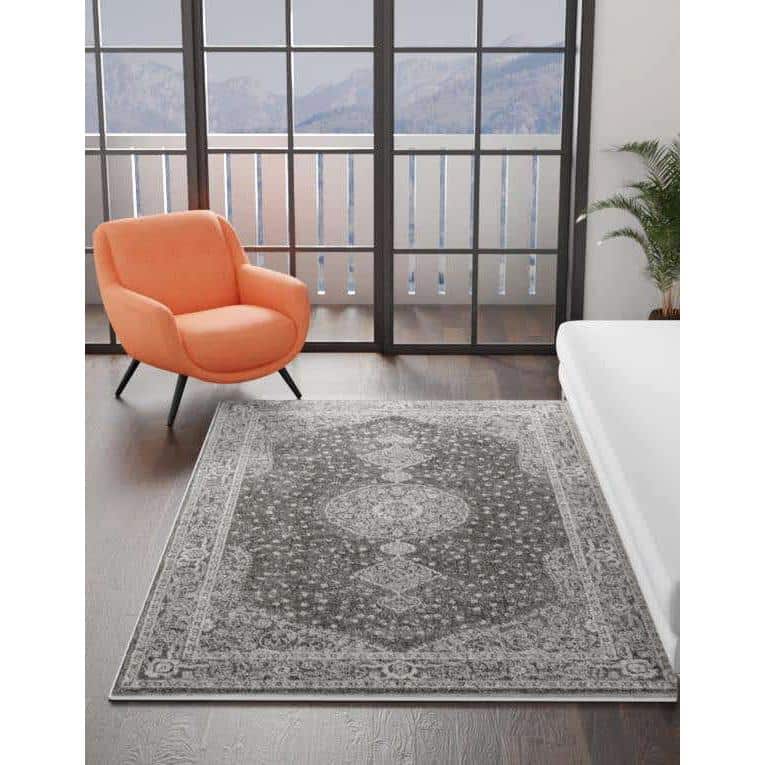 Dark Gray Medallion 9' x 12' Synthetic Area Rug