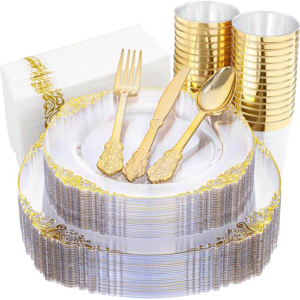 175-Piece Clear Gold Plastic Disposable Dinnerware Set for 25 Guests with Plates, Silverware, Cups and Napkins