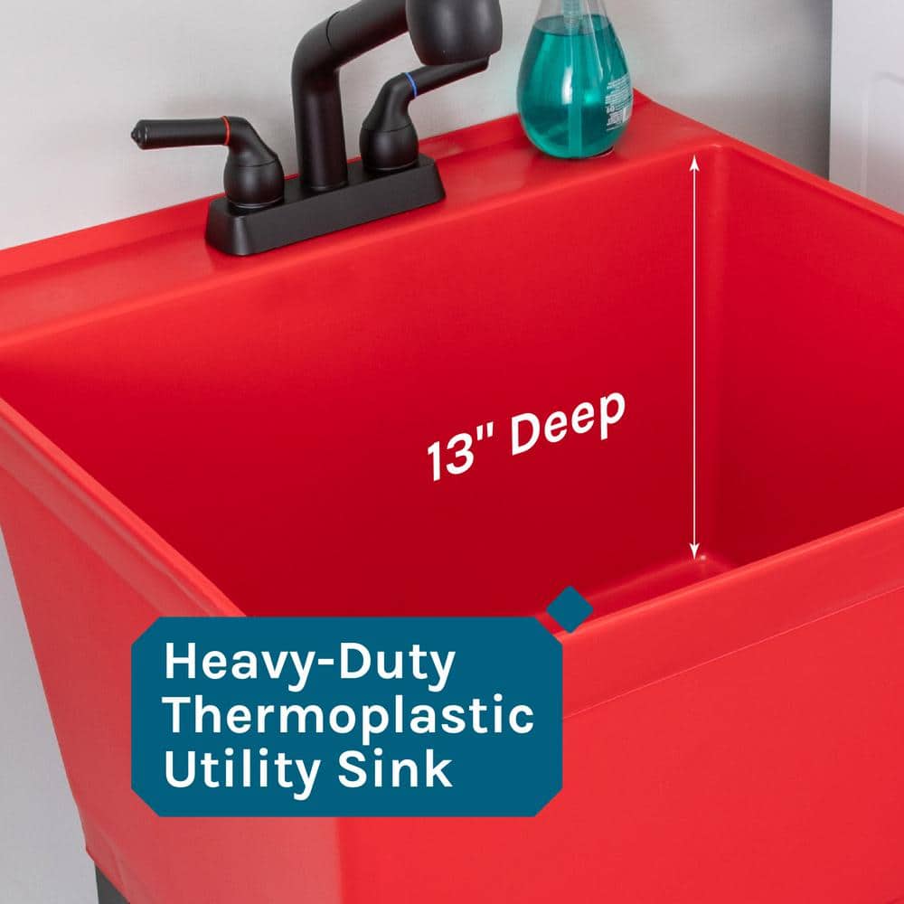 Red Thermoplastic Freestanding Utility Sink with Black Faucet