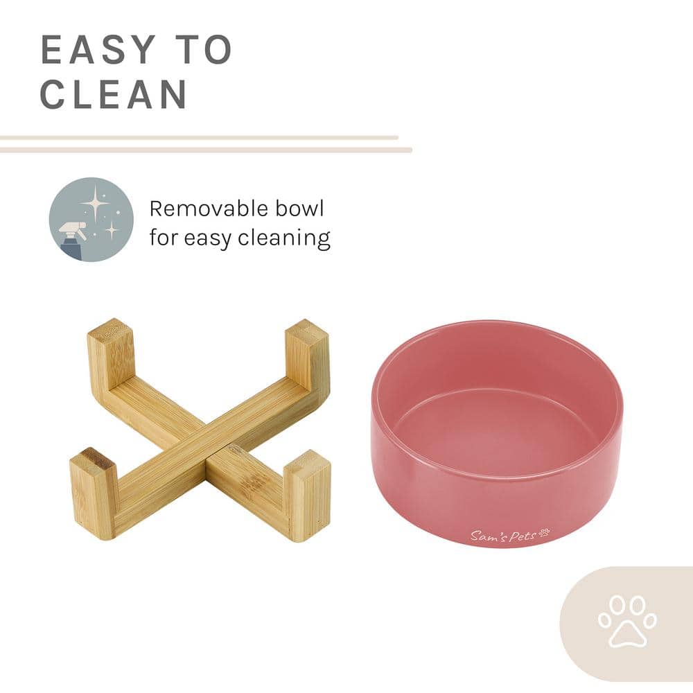Pink Ceramic Dog Bowl with Wooden Stand